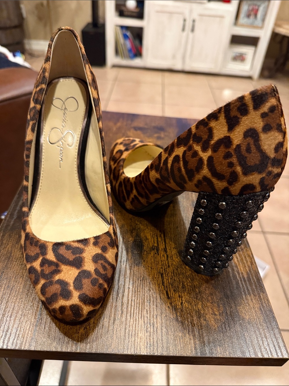 Jessica Simpson Leopard-Print Studded Block Heel Pumps - Brown & Black